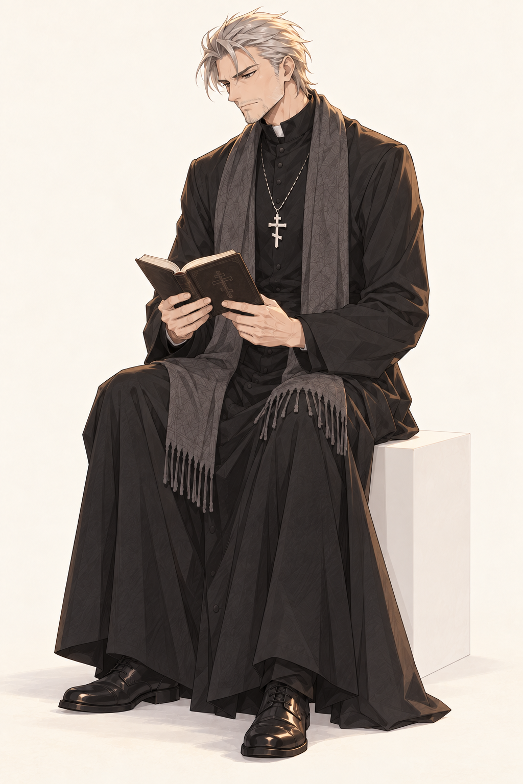 Father Mikhail sits reading an open book, wearing a black cassock, grey scarf and Orthodox cross.