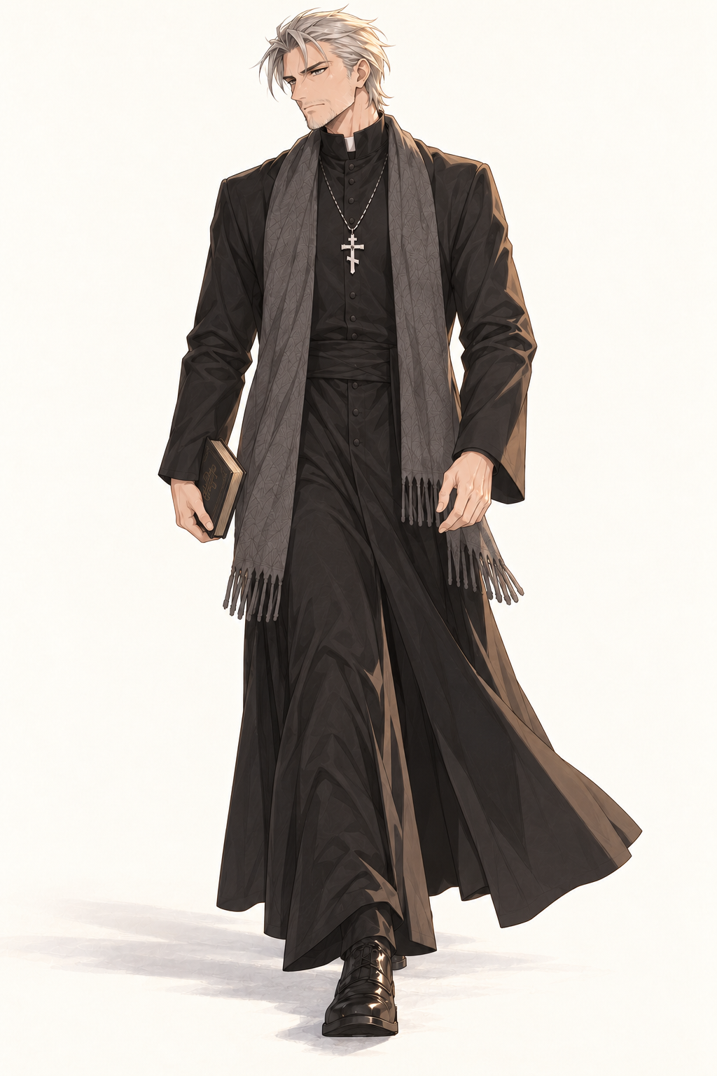 Father Mikhail walks with a book at his side, wearing a black cassock and grey scarf.
