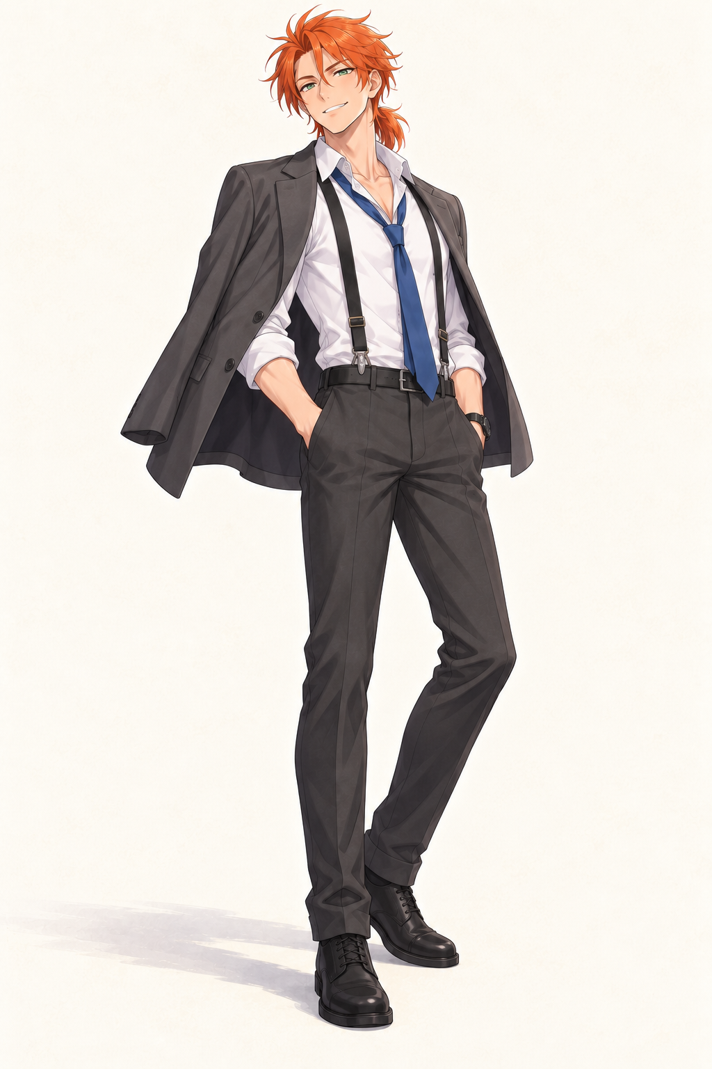 Felix wears a white shirt, loose tie, suspenders and dark trousers with a grey jacket. Jacket draped over shoulders.
