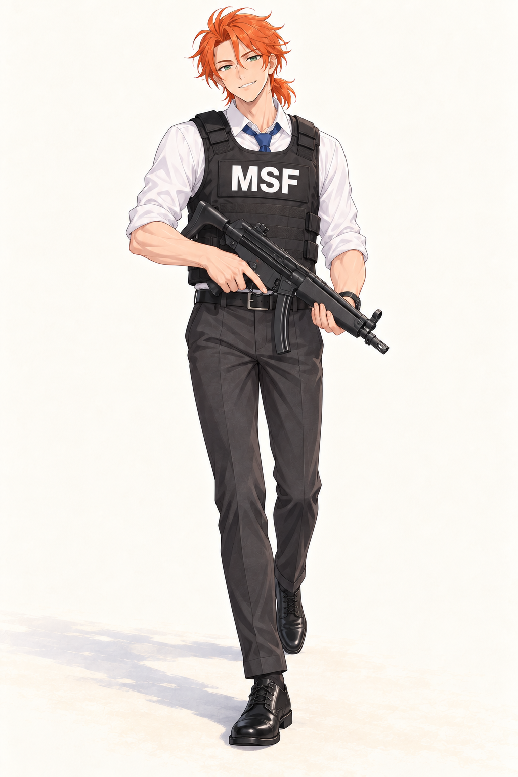 Felix carries a compact firearm low in front of his MSF vest.
