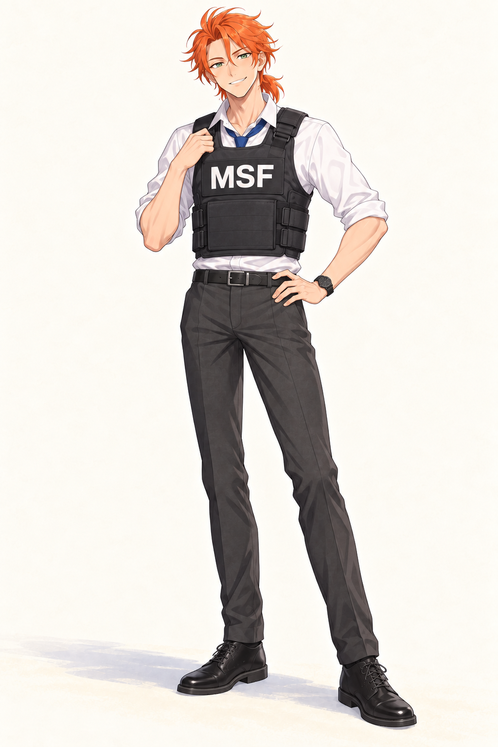 Felix stands with a hand on his vest strap.