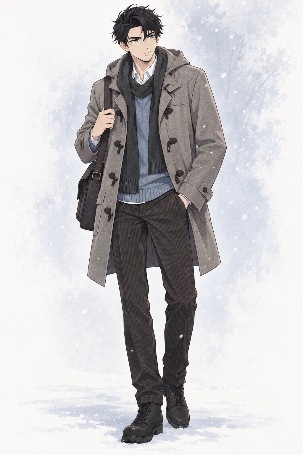 Hiyu wears a grey hooded duffle coat, blue sweater and dark scarf, carrying a shoulder bag.