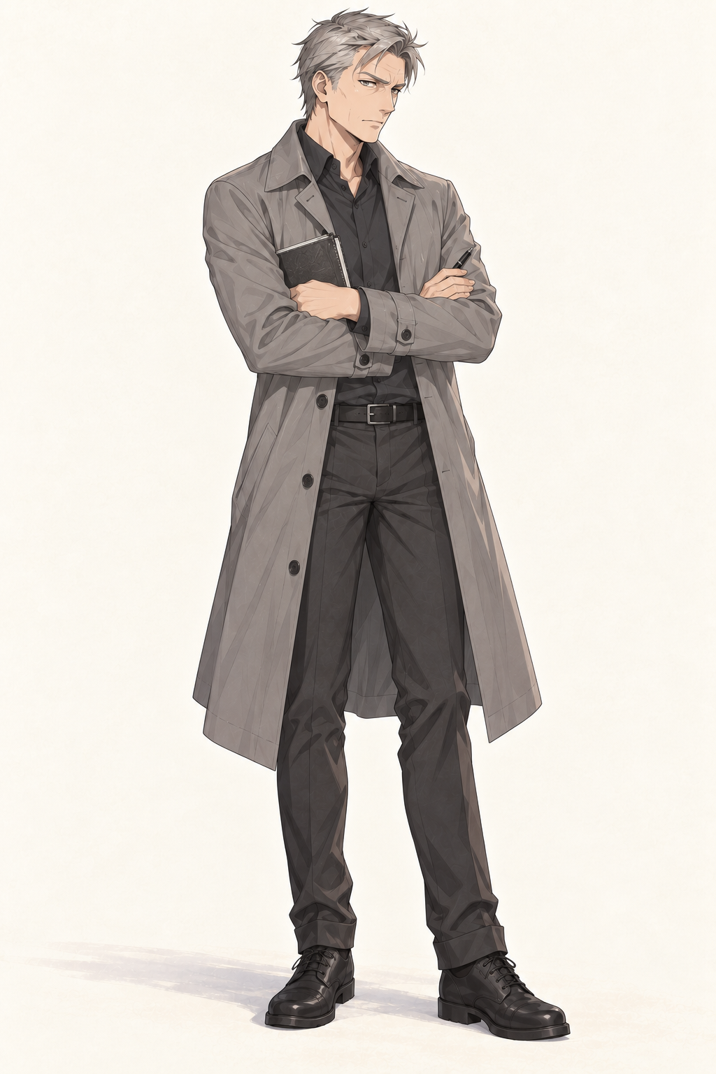 Inspector Leo folds his arms over a notebook, wearing a grey overcoat.