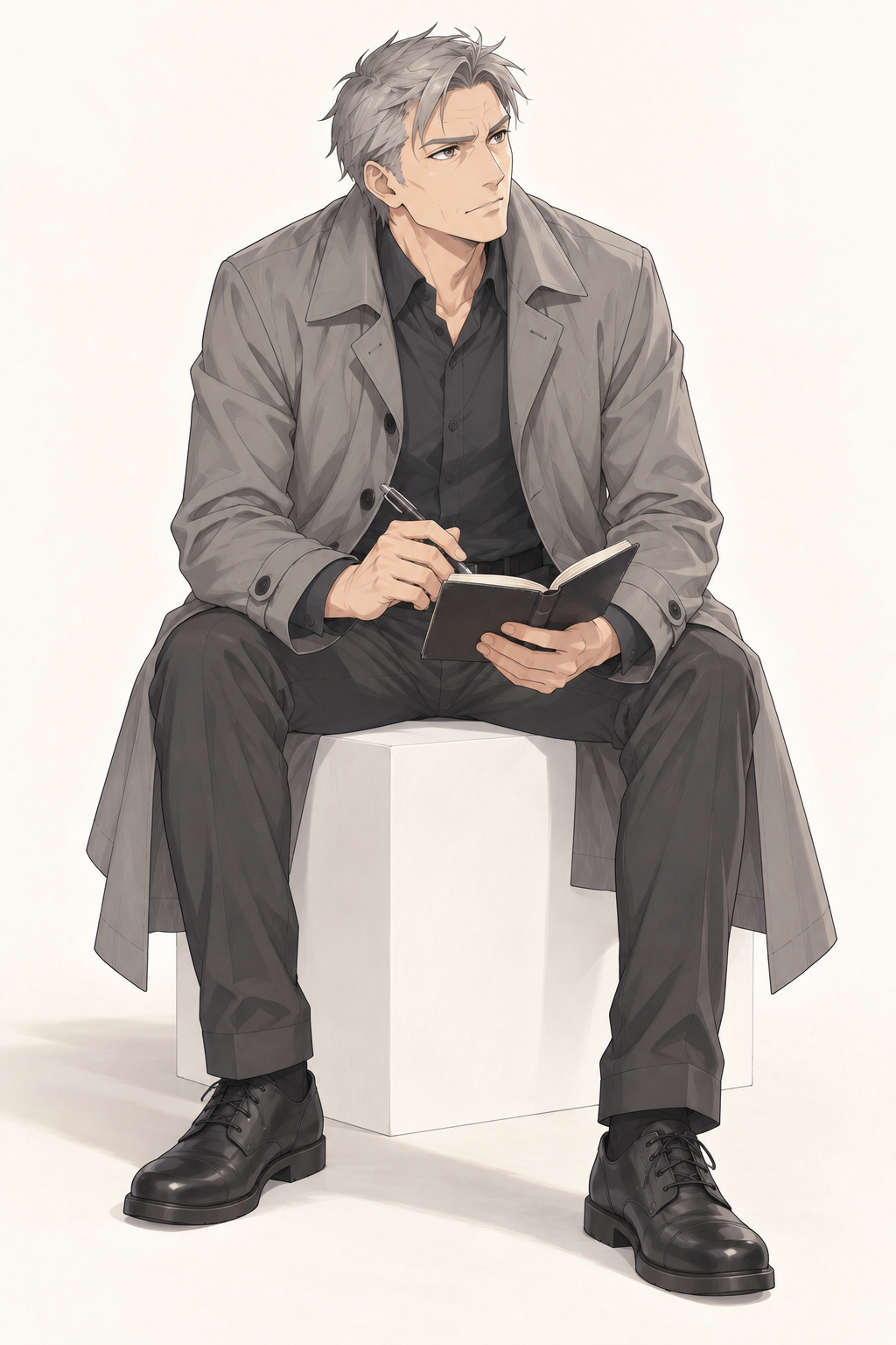 Inspector Leo sits writing in his notebook with his grey overcoat open.