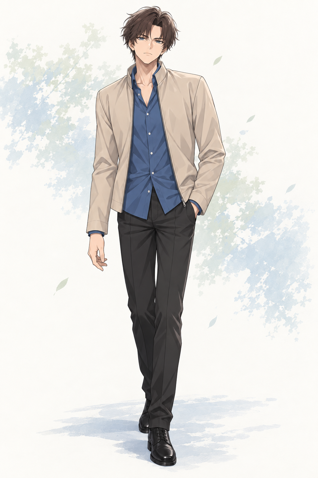 Kyrien wears a beige zip jacket over a blue shirt with dark trousers and black shoes.