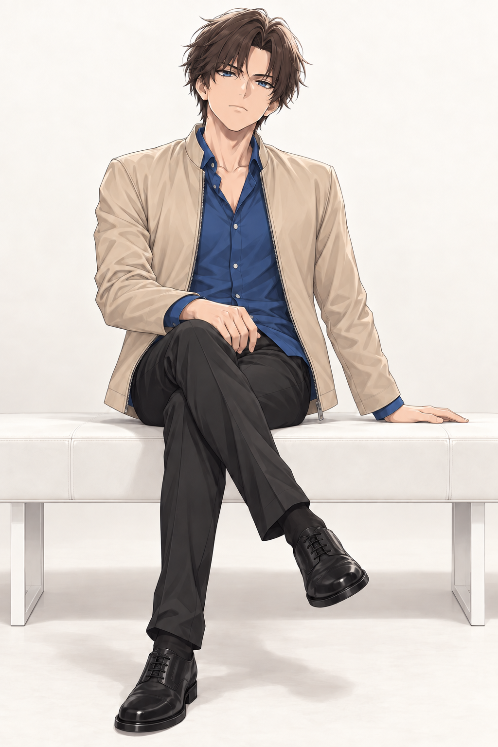 Kyrien wears a beige jacket, blue shirt and dark trousers. Seated with crossed legs.
