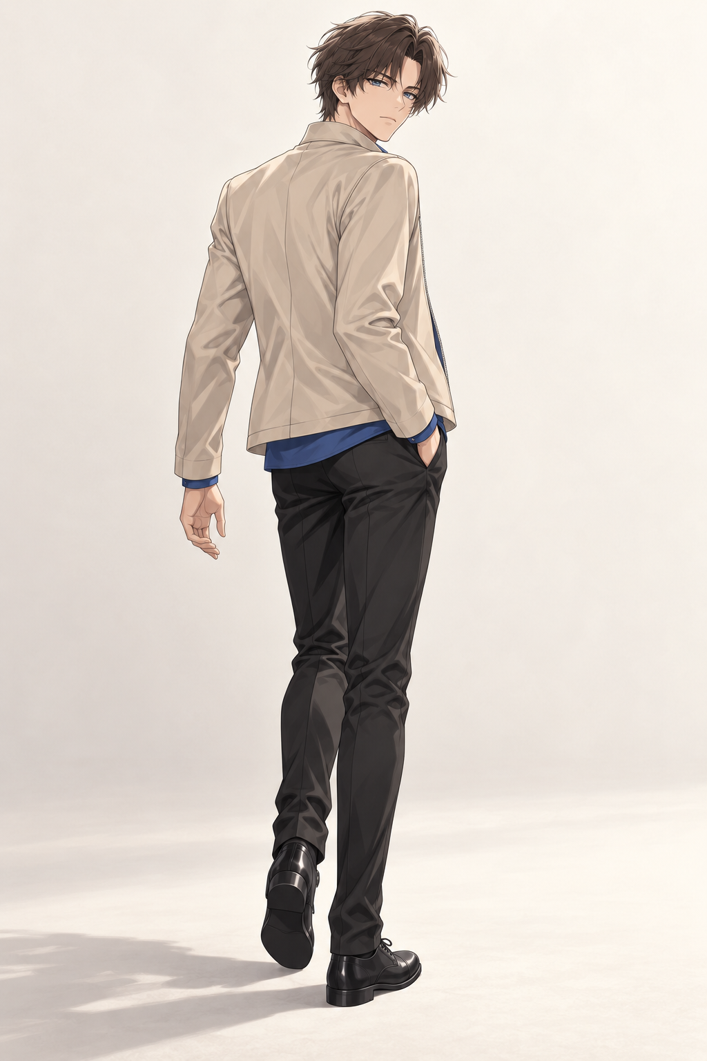Kyrien wears a beige jacket, blue shirt and dark trousers. Walking back view.
