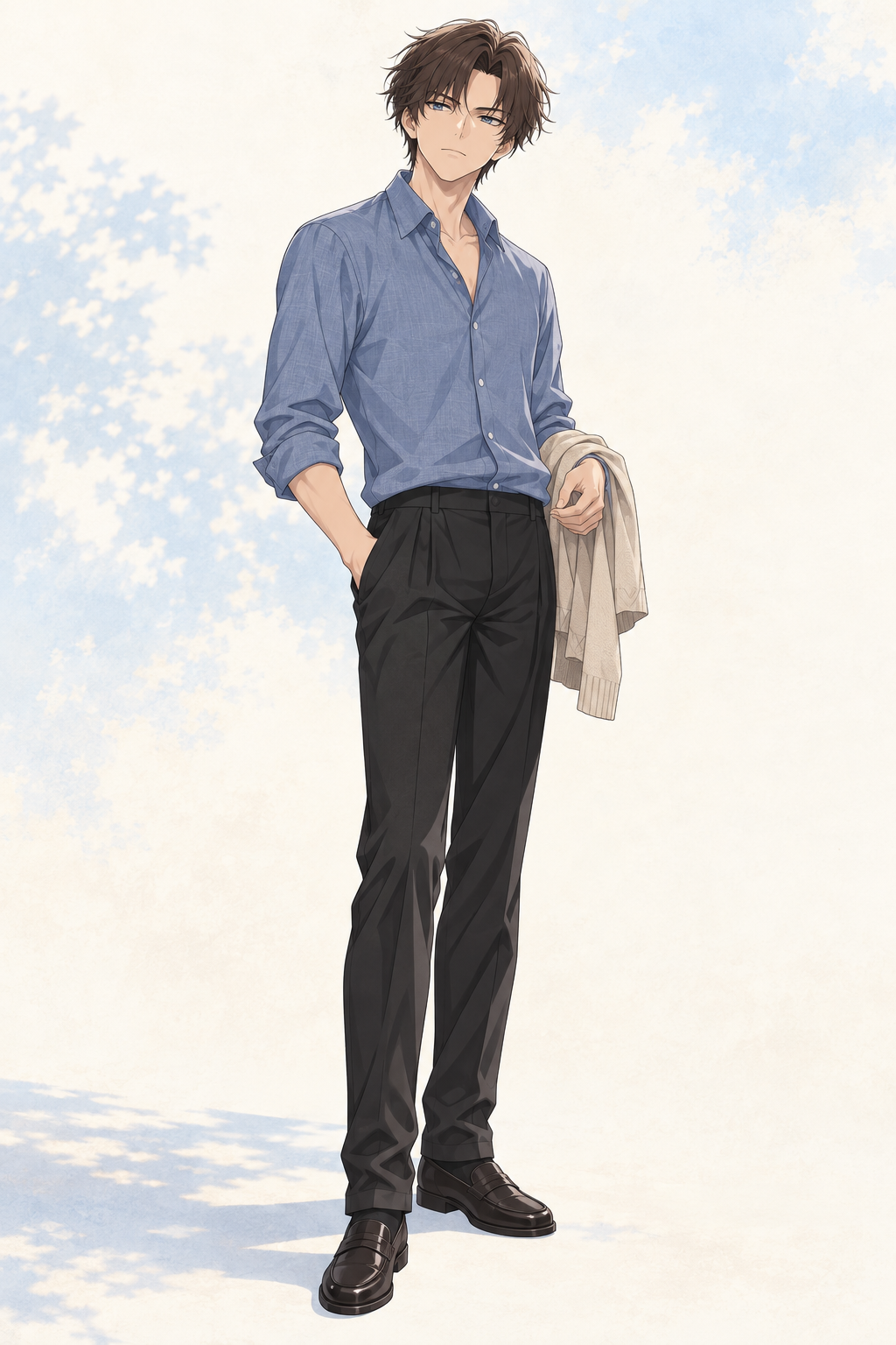 Kyrien wears a blue shirt with rolled sleeves and dark trousers, carrying his beige jacket over one forearm.