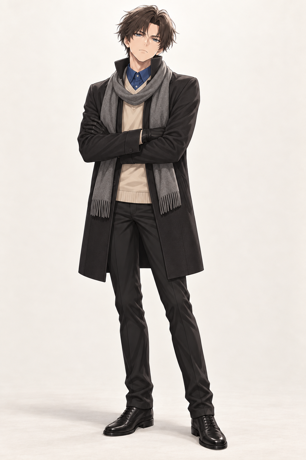 Kyrien wears a black coat over a cream sweater and blue shirt, with a grey scarf and black gloves. Arms folded.