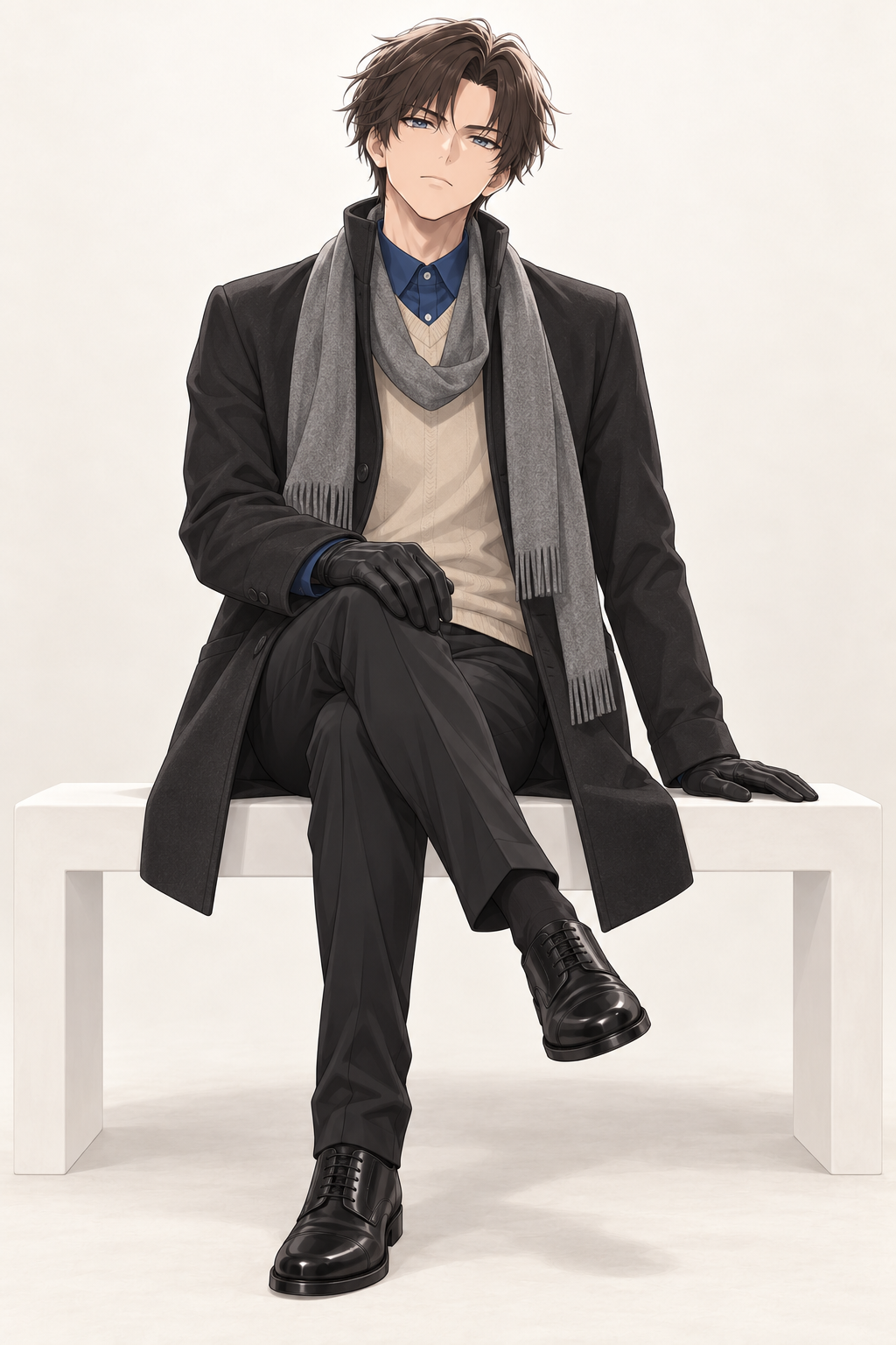 Kyrien wears a black coat over a cream sweater and blue shirt, with a grey scarf and black gloves. Seated with crossed legs.