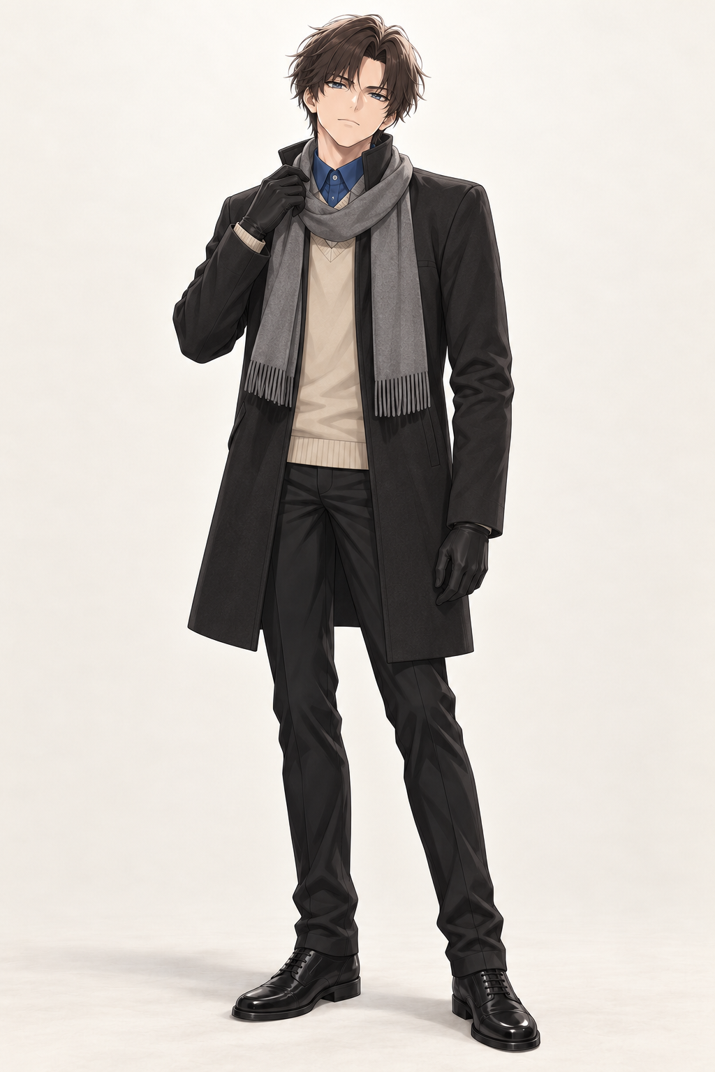 Kyrien wears a black coat over a cream sweater and blue shirt, with a grey scarf and black gloves. Standing with hand at chin.