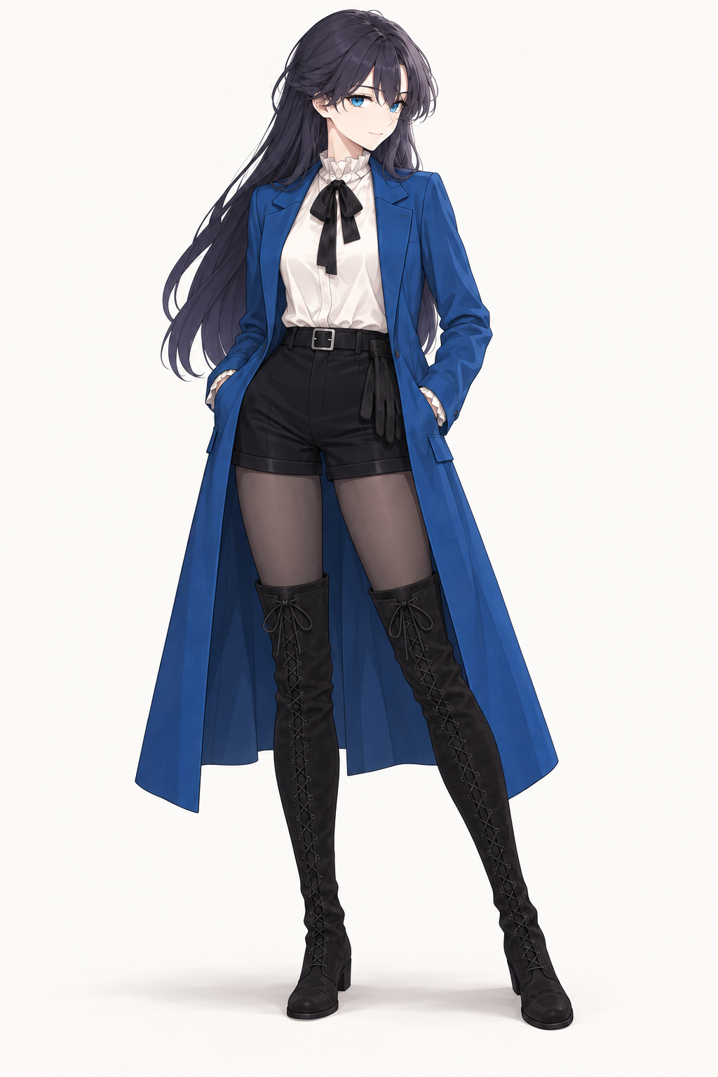 Lynleit stands with both hands in her pockets, wearing a long blue coat, white ruffled blouse, black bow, belted black shorts, dark tights and tall black lace-up suede boots.