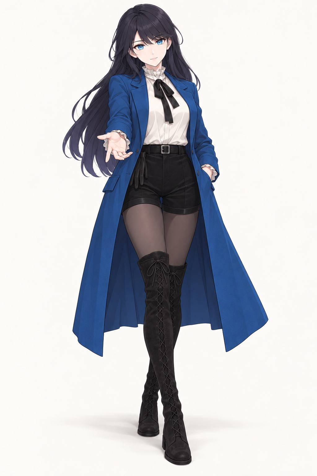 Lynleit holds out an open hand, wearing a long blue coat, white ruffled blouse, black bow, belted black shorts, dark tights and tall black lace-up suede boots.
