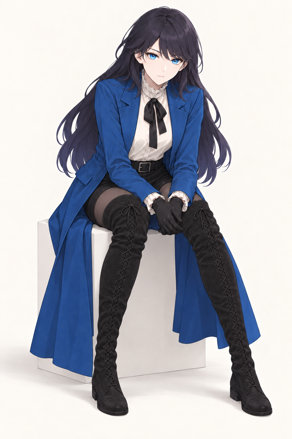 Lynleit sits on a white block with gloved hands together, wearing a long blue coat, white ruffled blouse, black bow, belted black shorts, dark tights and tall black lace-up suede boots.