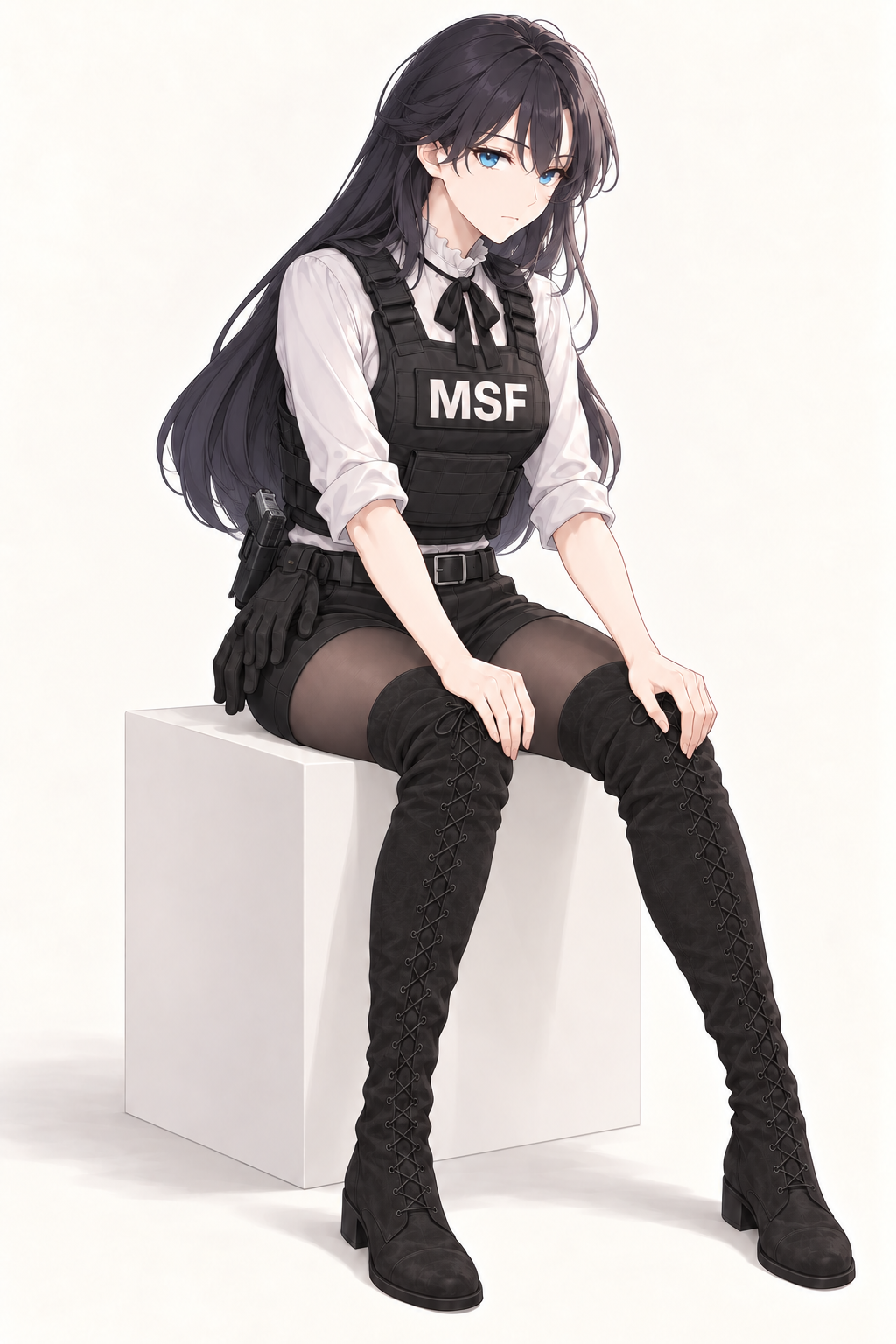 Lynleit sits with her hands on her knees, wearing an MSF vest, rolled sleeves, belted shorts and tall lace-up suede boots.