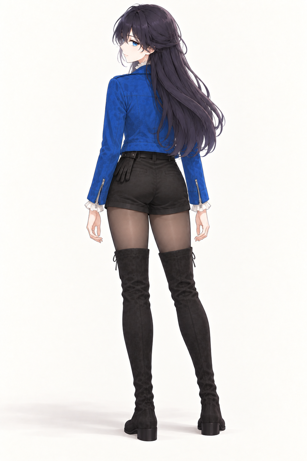 Lynleit stands with her back turned and looks over her shoulder, wearing a cropped blue jacket, white ruffled blouse, black bow, belted black shorts, dark tights and tall black lace-up suede boots.