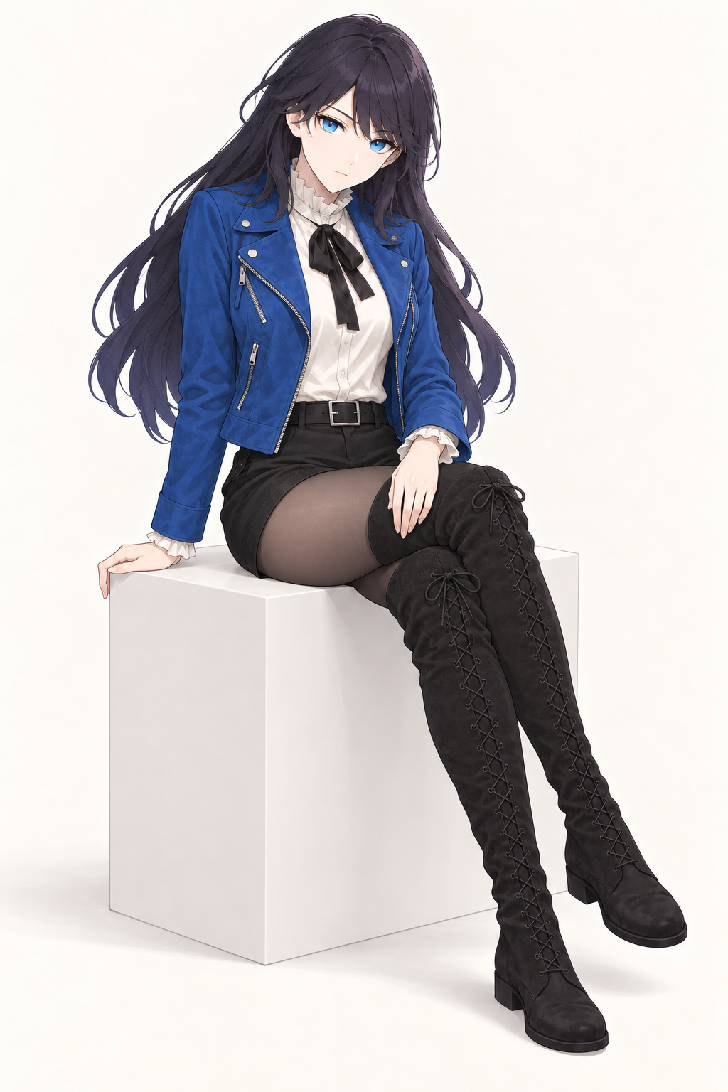 Lynleit sits cross-legged on a white block, wearing a cropped blue jacket, white ruffled blouse, black bow, belted black shorts, dark tights and tall black lace-up suede boots.