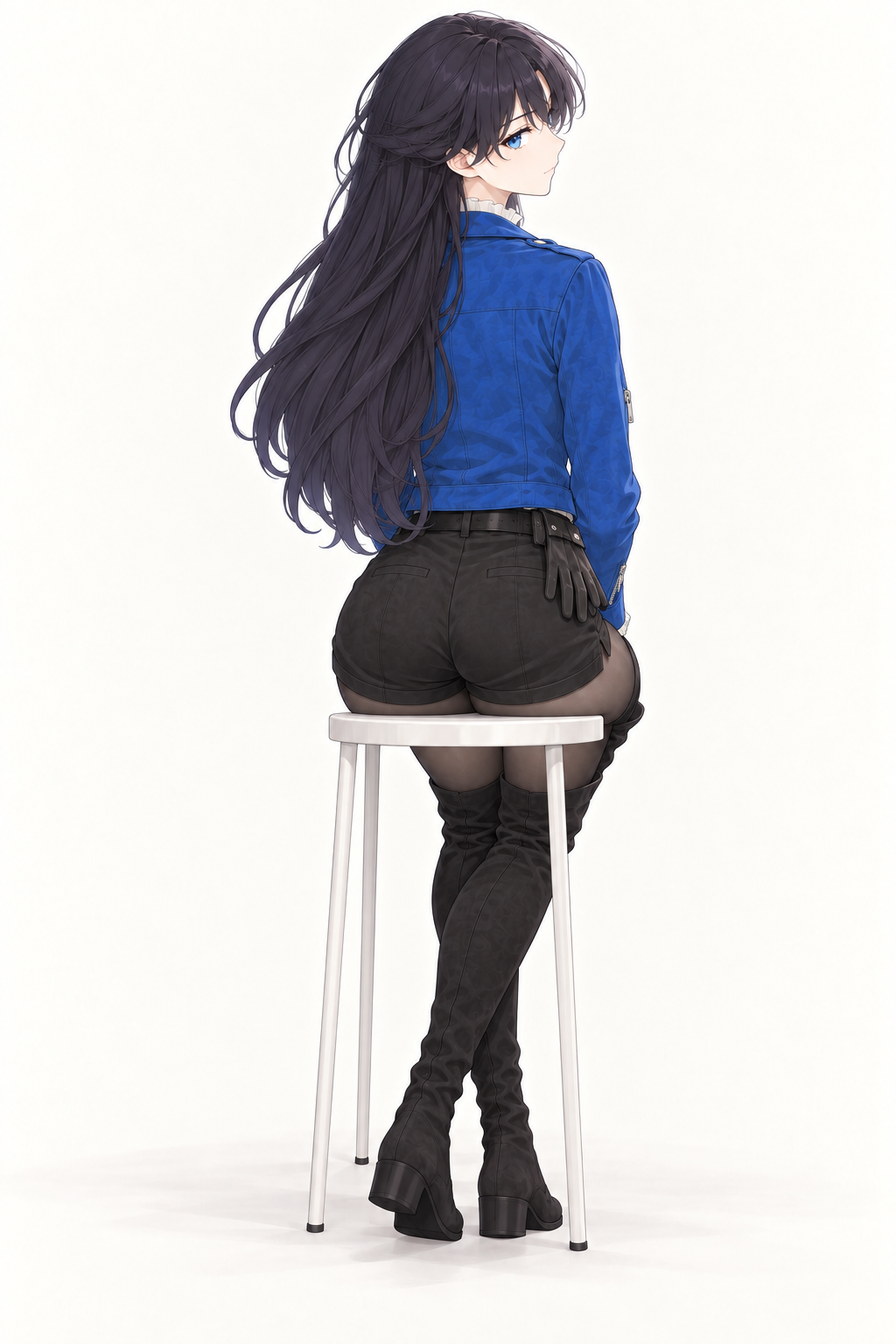 Lynleit sits facing away on a white stool and looks back, wearing a cropped blue jacket, white ruffled blouse, black bow, belted black shorts, dark tights and tall black lace-up suede boots.
