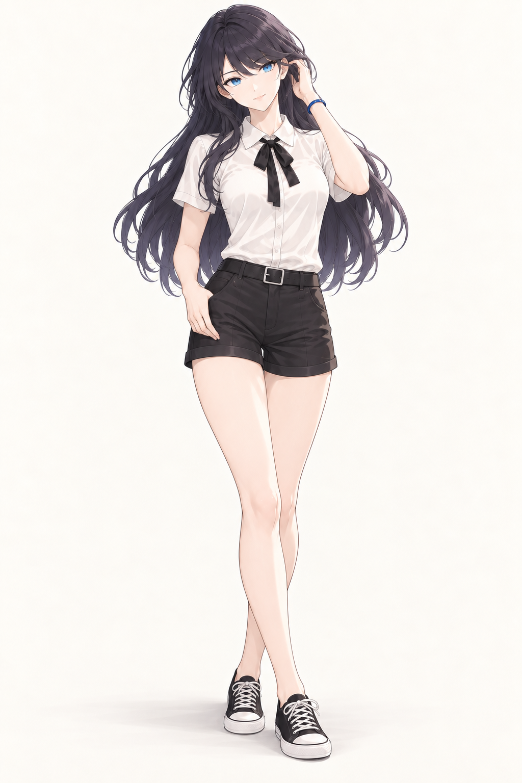 Lynleit stands with one hand raised to her hair, wearing a short-sleeved white shirt, black bow, belted black shorts, blue wristband and black canvas trainers.