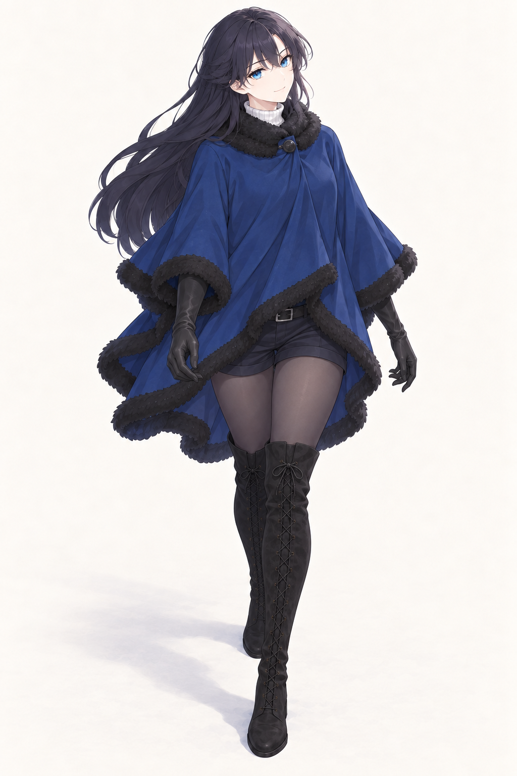 Lynleit walks forward with the cape moving around her, wearing a blue fur-trimmed cape, black gloves, belted dark shorts, tights and tall black suede boots.