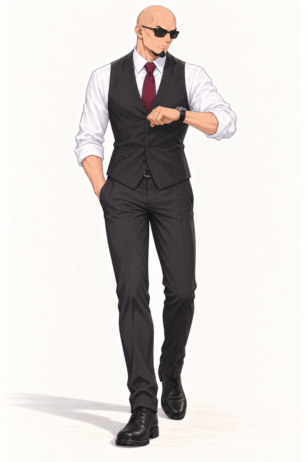 Reiner checks his watch in a dark waistcoat, white shirt and burgundy tie.