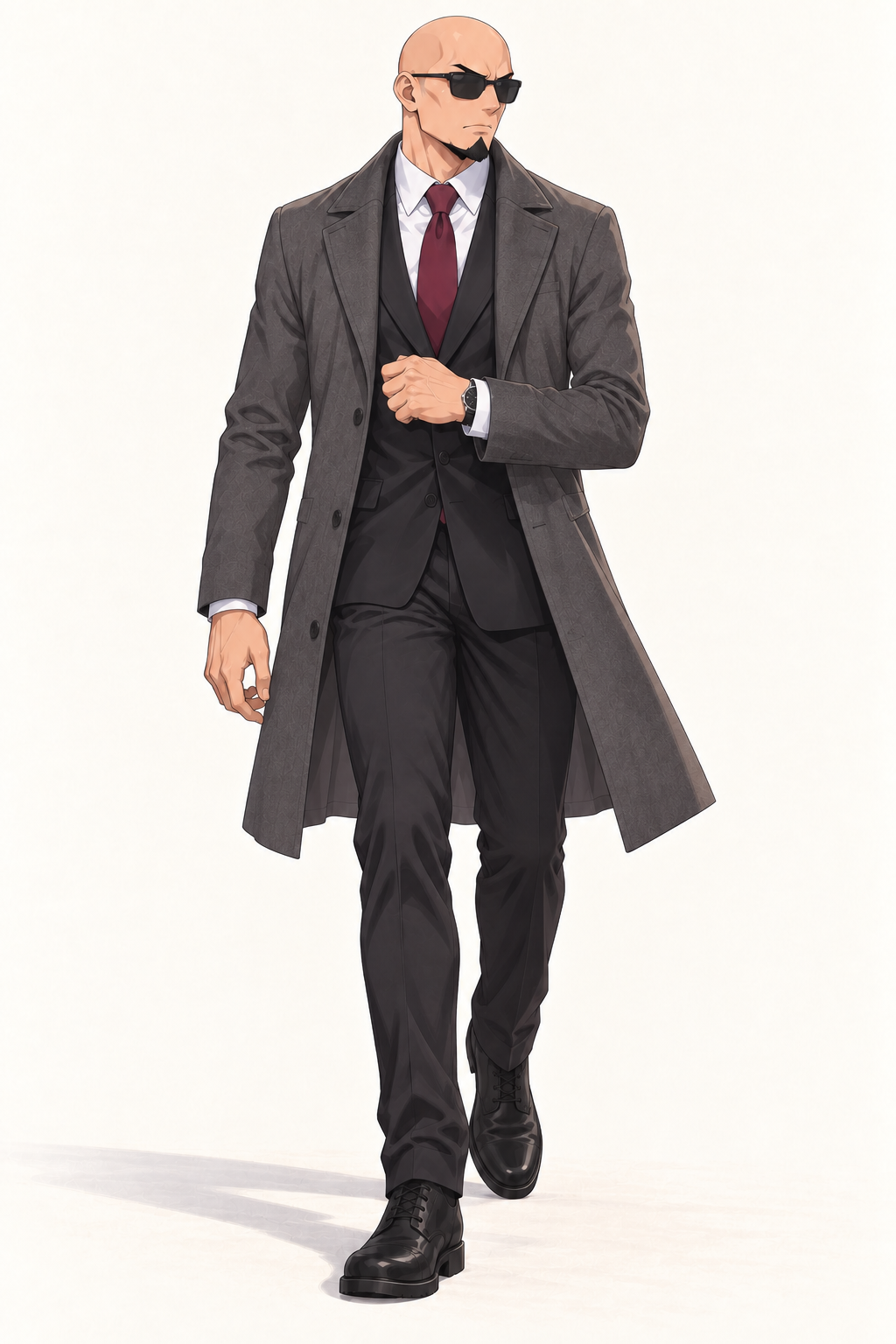Reiner walks in a grey overcoat over a dark suit, burgundy tie and sunglasses.