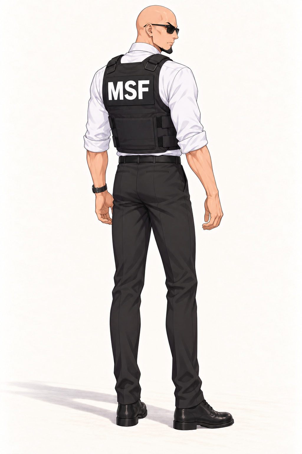 Reiner looks back over his shoulder, showing the rear of his MSF vest.