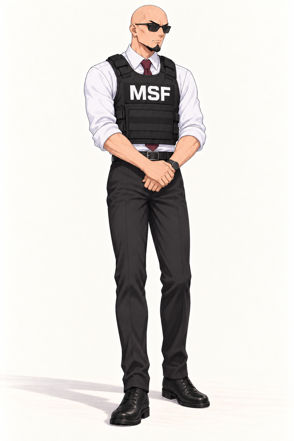 Reiner stands with hands folded in an MSF vest over a white shirt and burgundy tie.