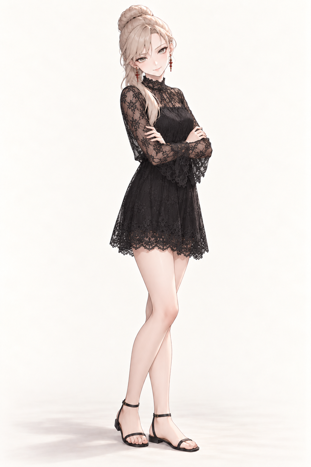 Sherie wears a lined black lace dress with flared sleeves and ankle-strap sandals. Arms folded.