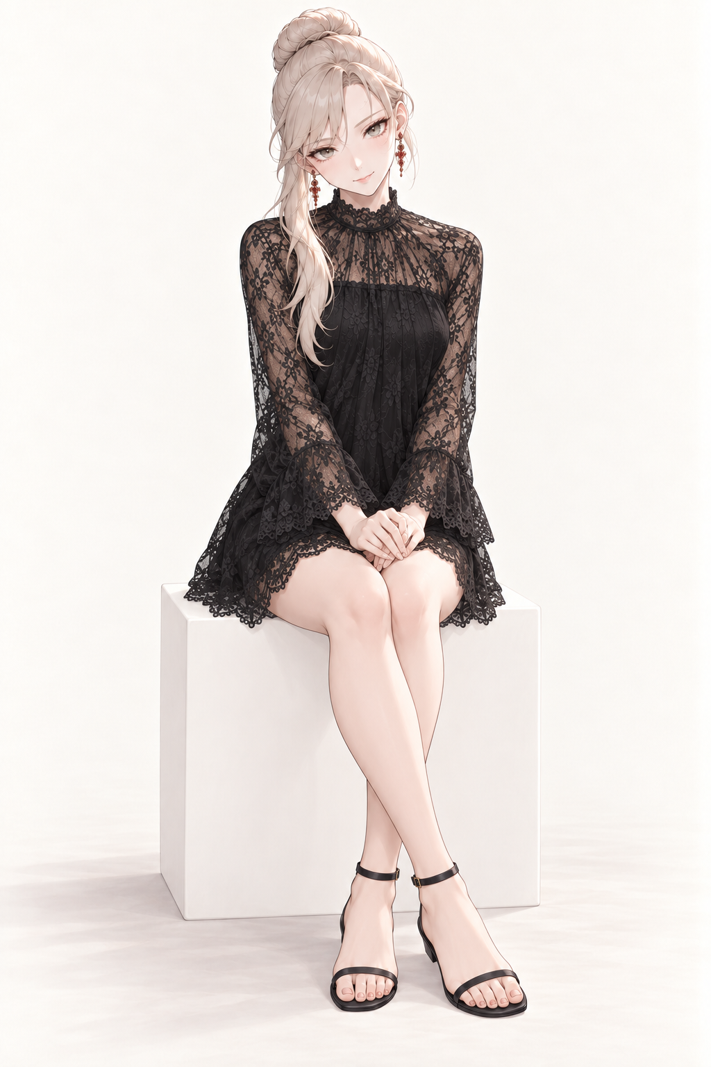 Sherie wears a lined black lace dress with flared sleeves and ankle-strap sandals. Seated with crossed ankles.