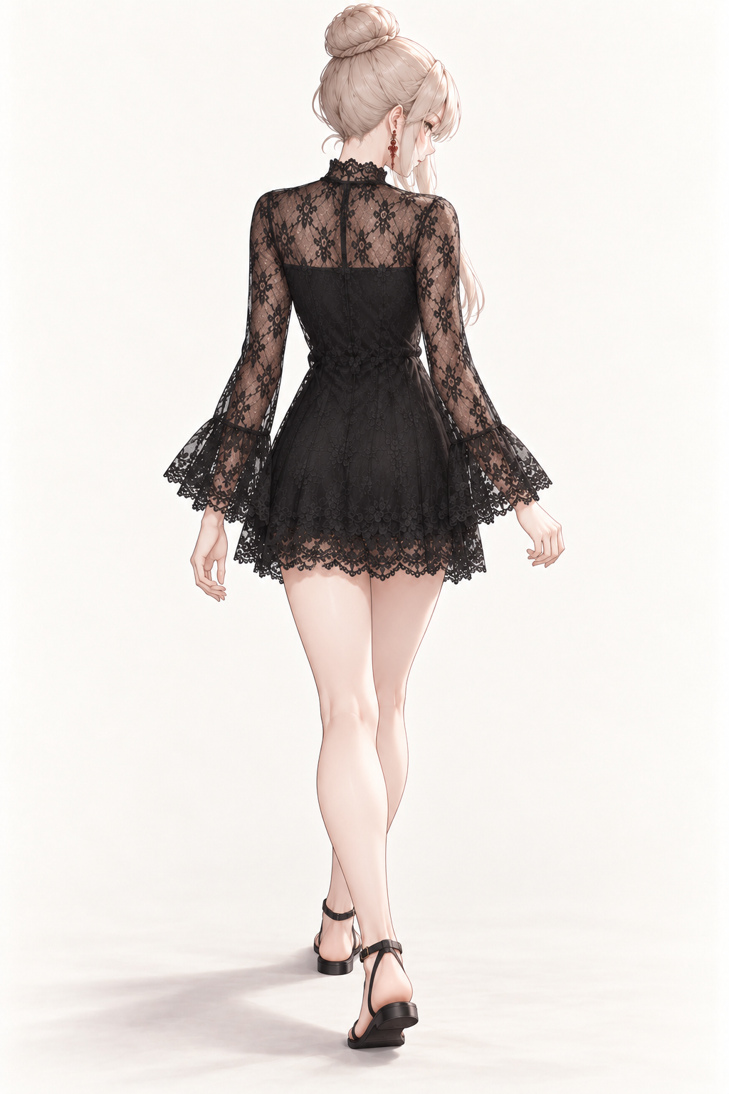 Sherie wears a lined black lace dress with flared sleeves and ankle-strap sandals. Walking back view.