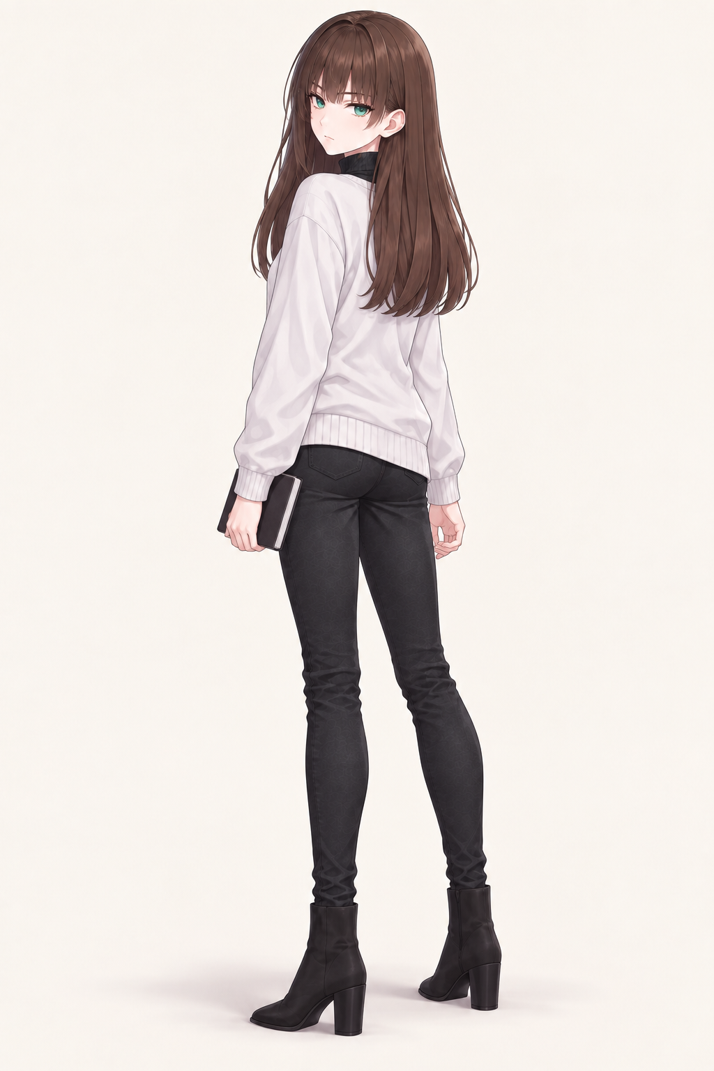 Yulia wears an ivory sweater over a dark high-neck top and dark trousers. Standing back view.
