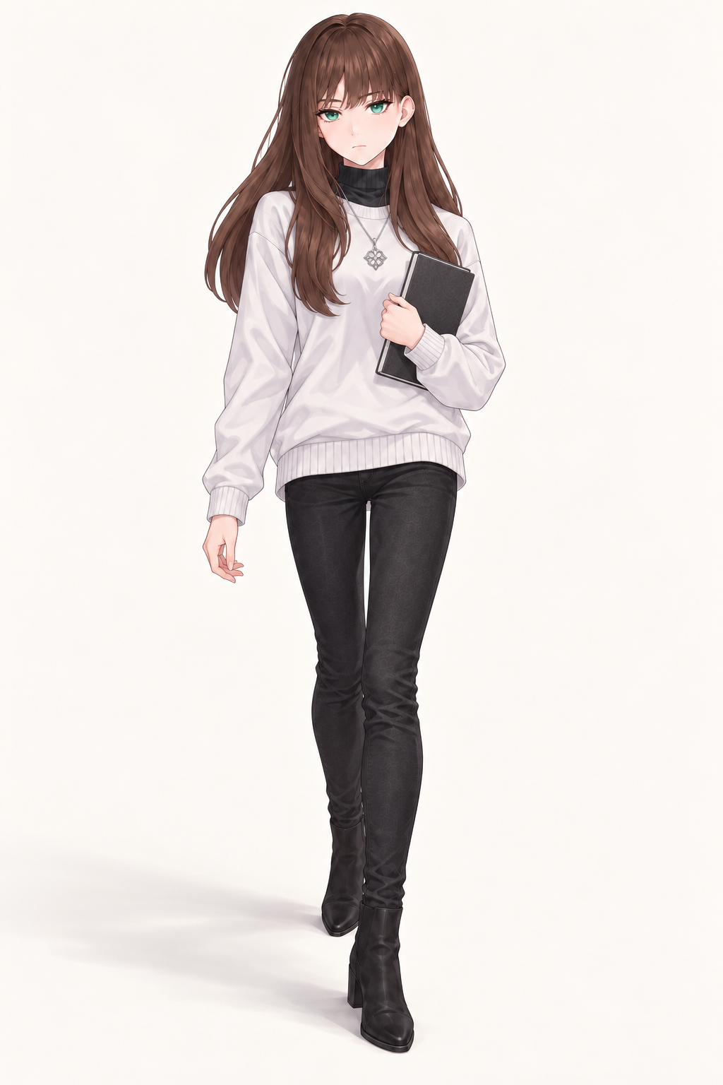 Yulia wears an ivory sweater over a dark high-neck top and dark trousers. Walking with notebook.