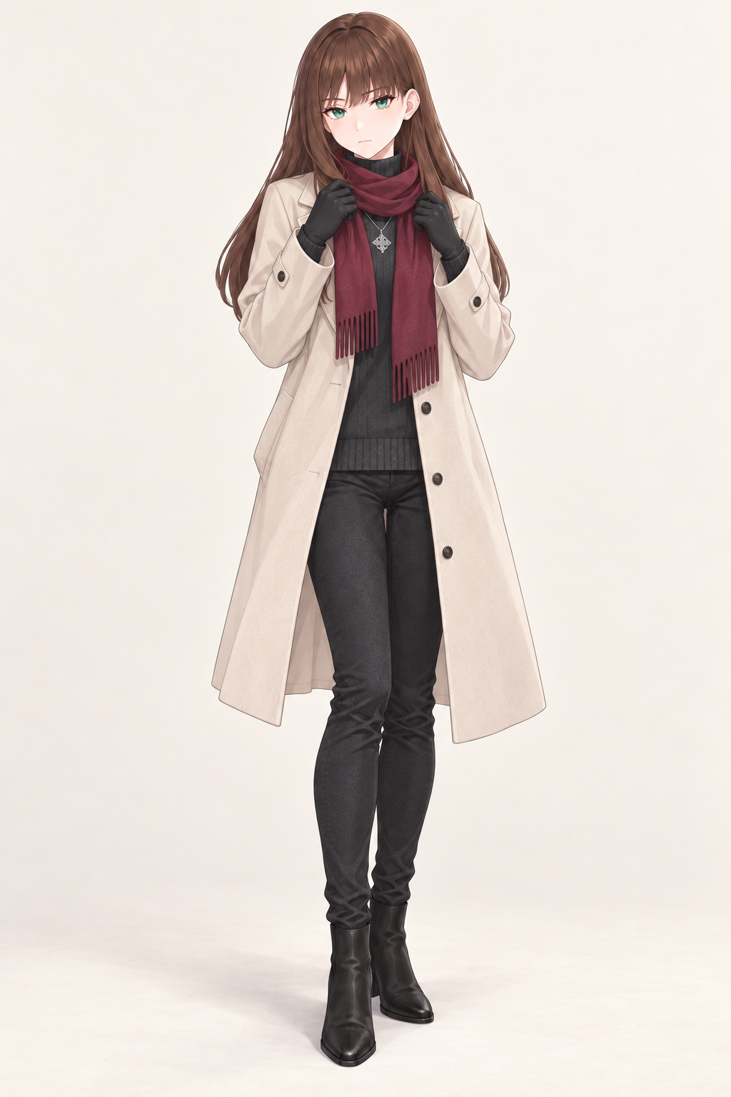 Yulia wears an ivory coat, burgundy scarf, dark trousers and black gloves. Adjusting scarf.