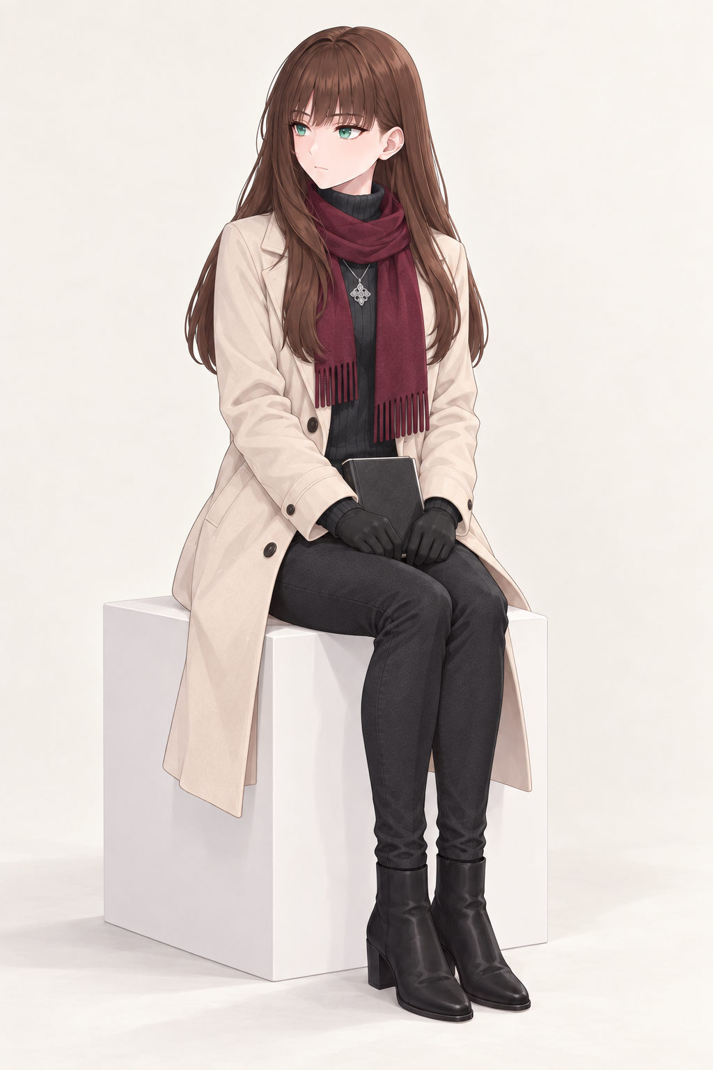Yulia wears an ivory coat, burgundy scarf, dark trousers and black gloves. Seated with hands in lap.