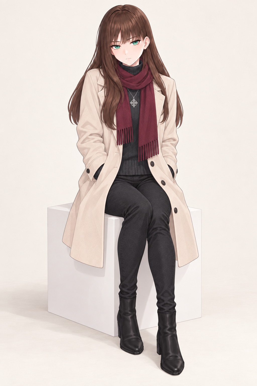 Yulia wears an ivory coat, burgundy scarf, dark trousers and black gloves. Seated with hands in pockets.