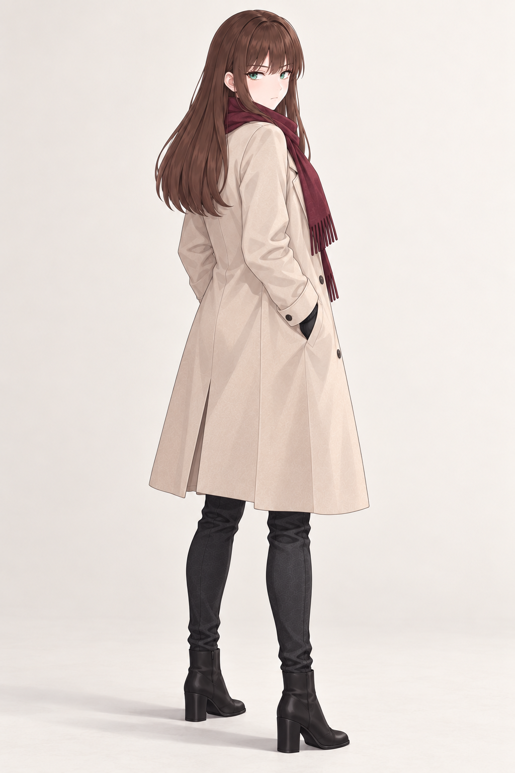 Yulia wears an ivory coat, burgundy scarf, dark trousers and black gloves. Standing back view.