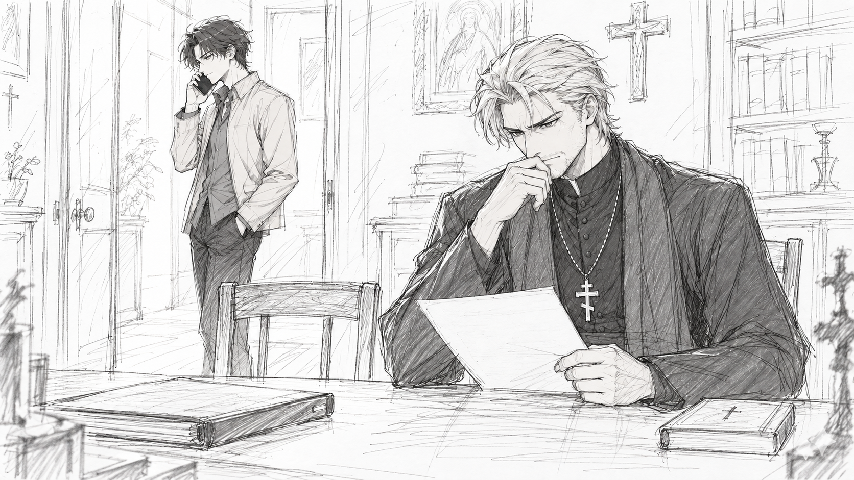 Father Mikhail sits reading a document while Kyrien stands on the phone in the doorway behind him.