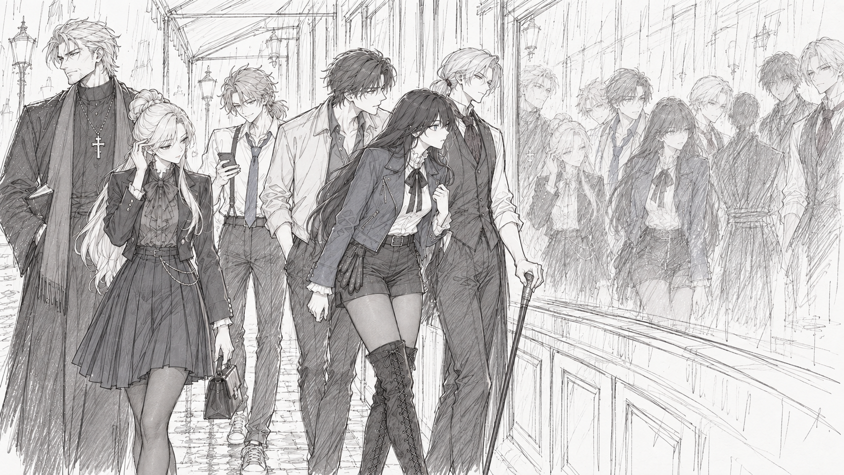 Father Mikhail, Sherie, Felix, Kyrien, Lynleit and Drake walk beside a reflective shop window.