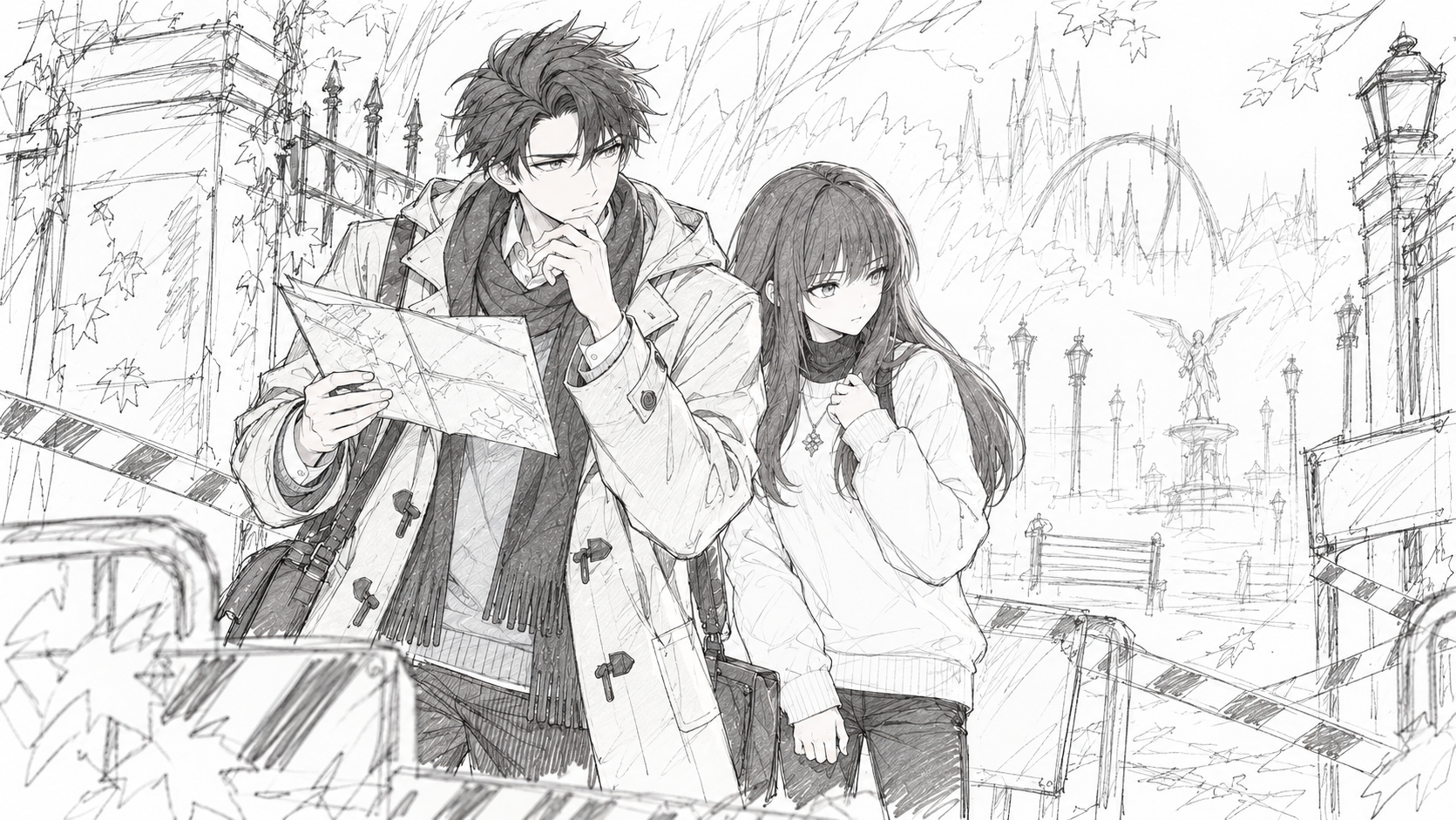 Hiyu holds a folded map beside Yulia, with barrier tape stretching behind them.