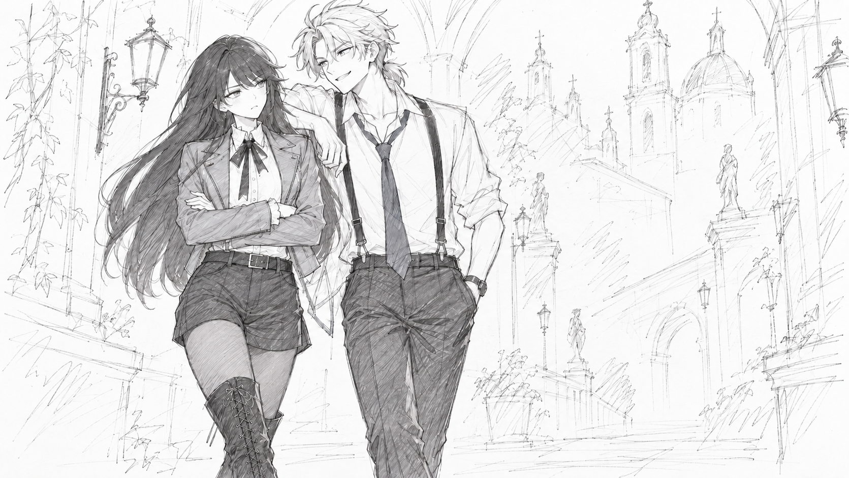 Felix rests an arm across Lynleit's shoulders, grinning, while she stands with her arms folded.