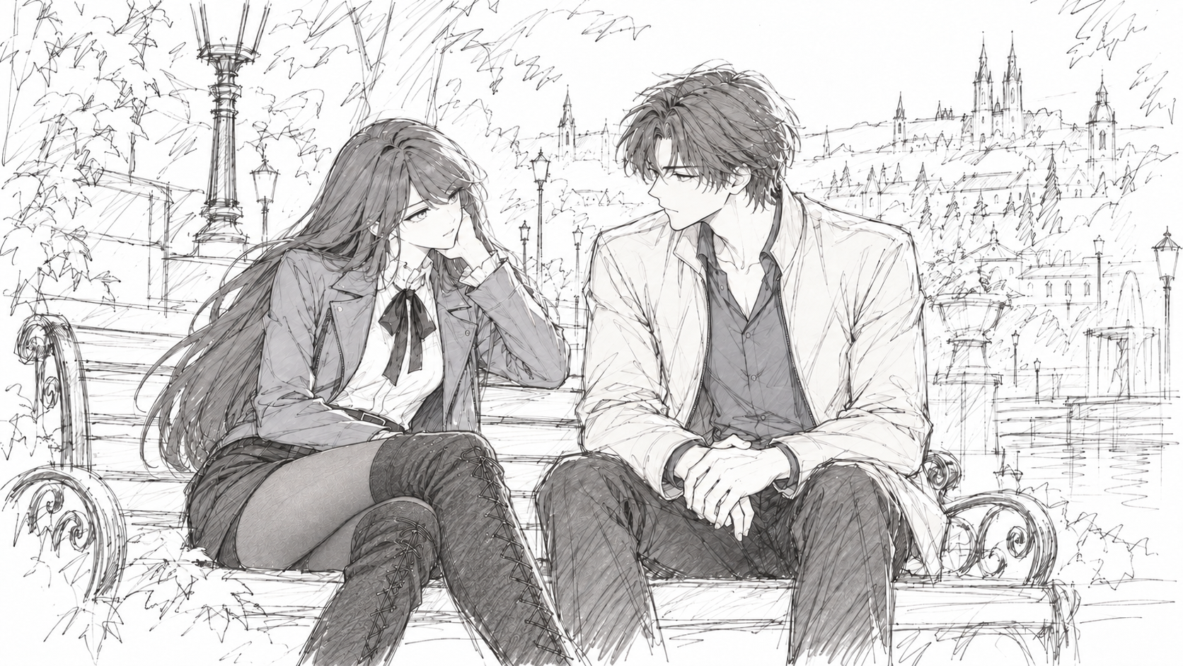 Lynleit and Kyrien sit turned toward one another on an ornate park bench.