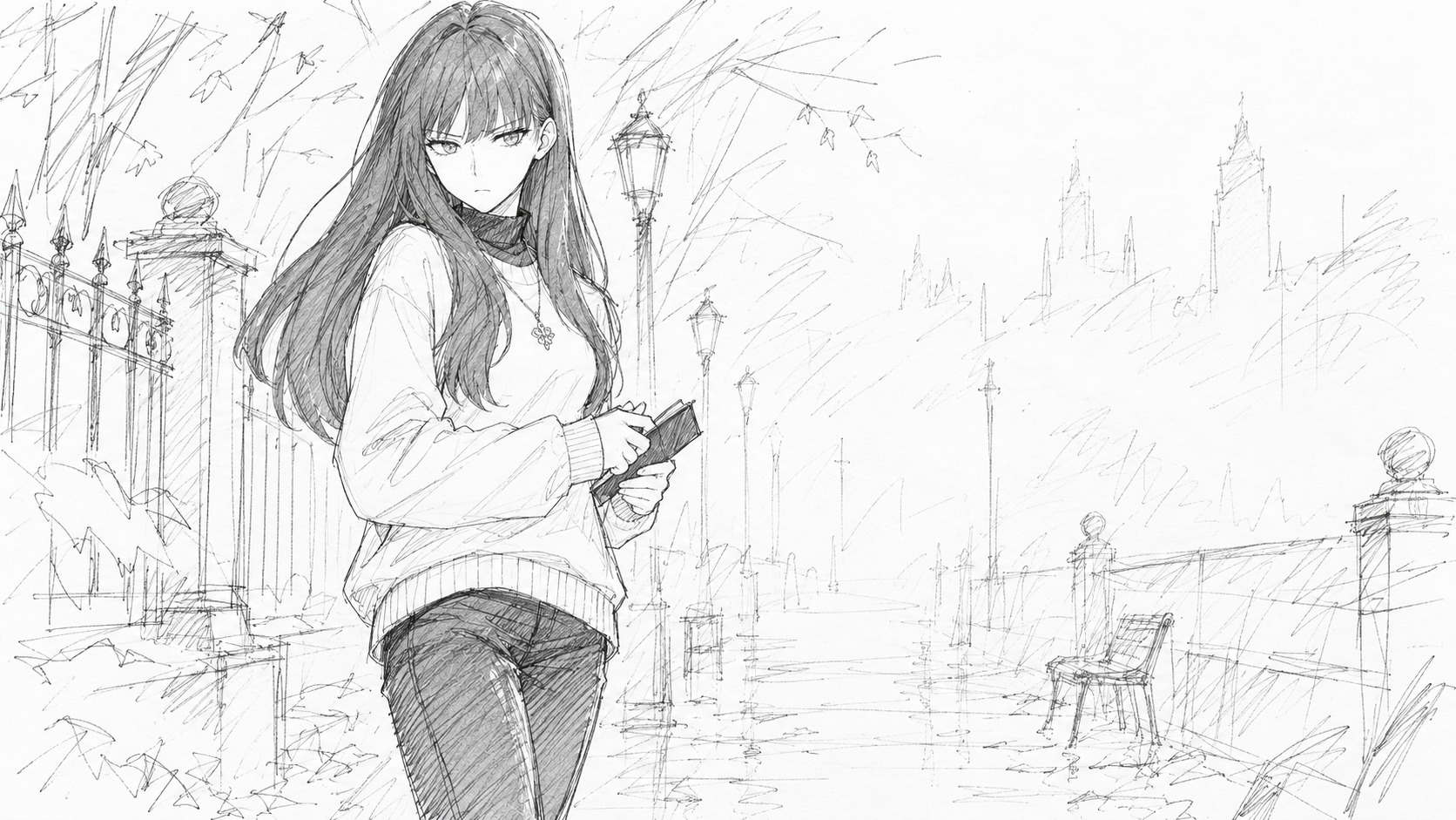 Yulia reads a small open notebook beside a railing.