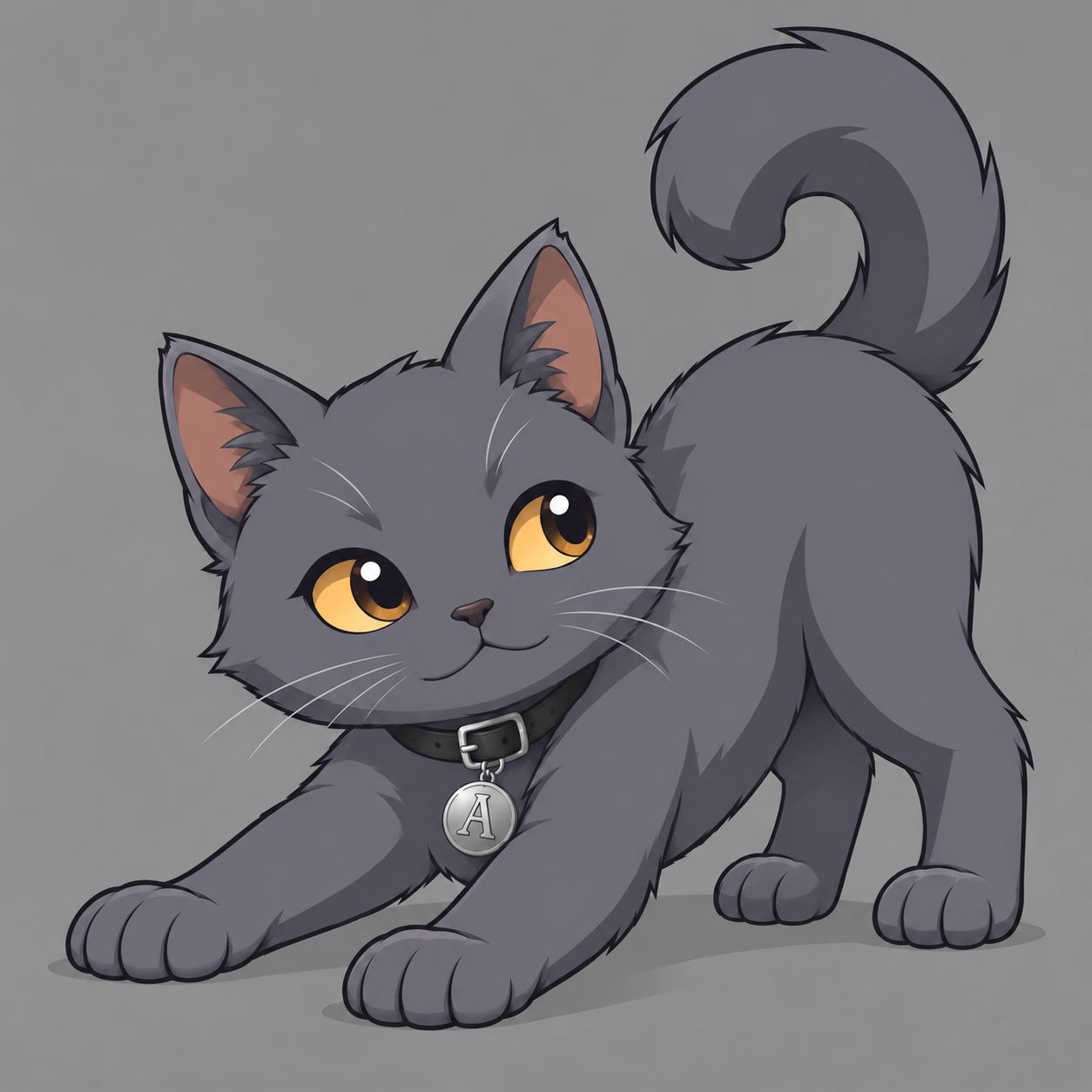 Ash stretching forward with four paws on the floor, amber eyes, a curled tail and his silver A collar tag.