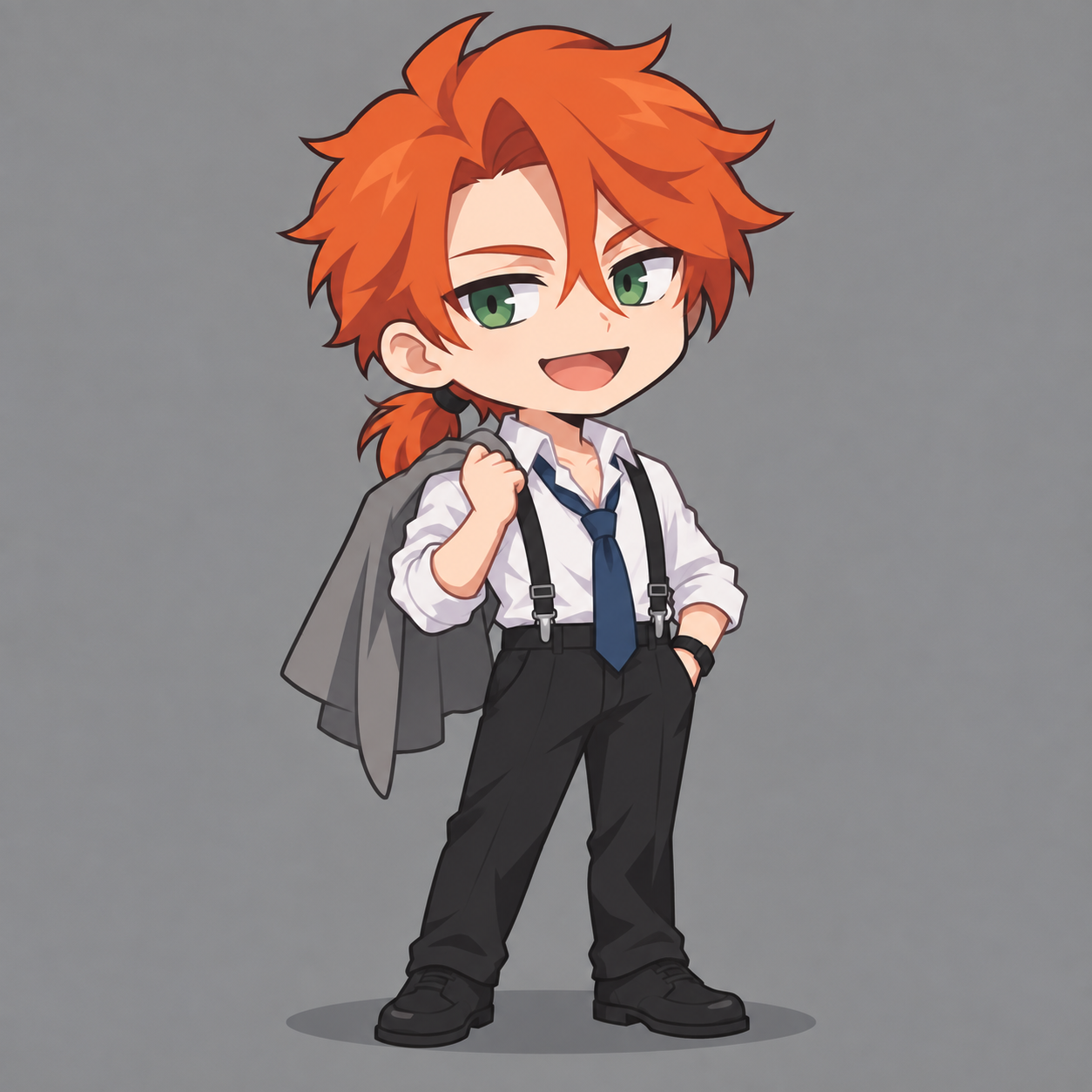 Felix chibi grinning with his grey jacket slung over one shoulder, orange ponytail visible, wearing a white rolled-sleeve shirt, blue tie, black suspenders and trousers.
