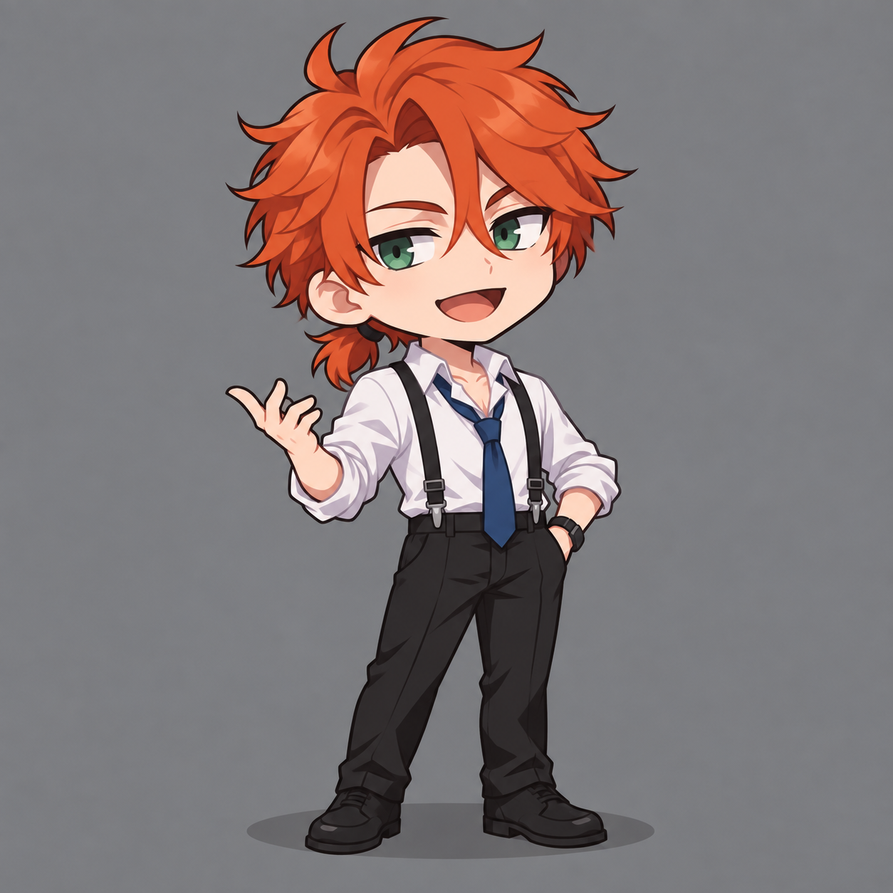 Simple chibi of Felix with orange hair tied in a short ponytail, green eyes and a cheerful grin, gesturing in a white rolled-sleeve shirt, loose blue tie and black suspenders.