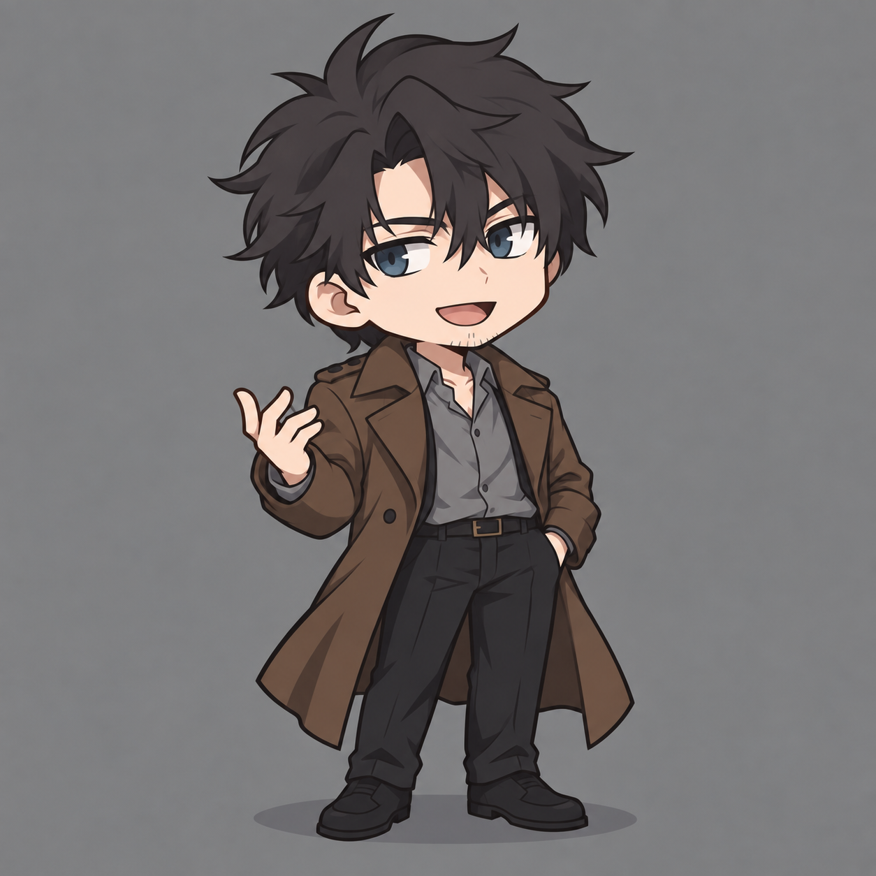 Simple chibi of Hiyu with tousled dark hair, blue-grey eyes and chin stubble, gesturing in his brown coat and grey shirt.