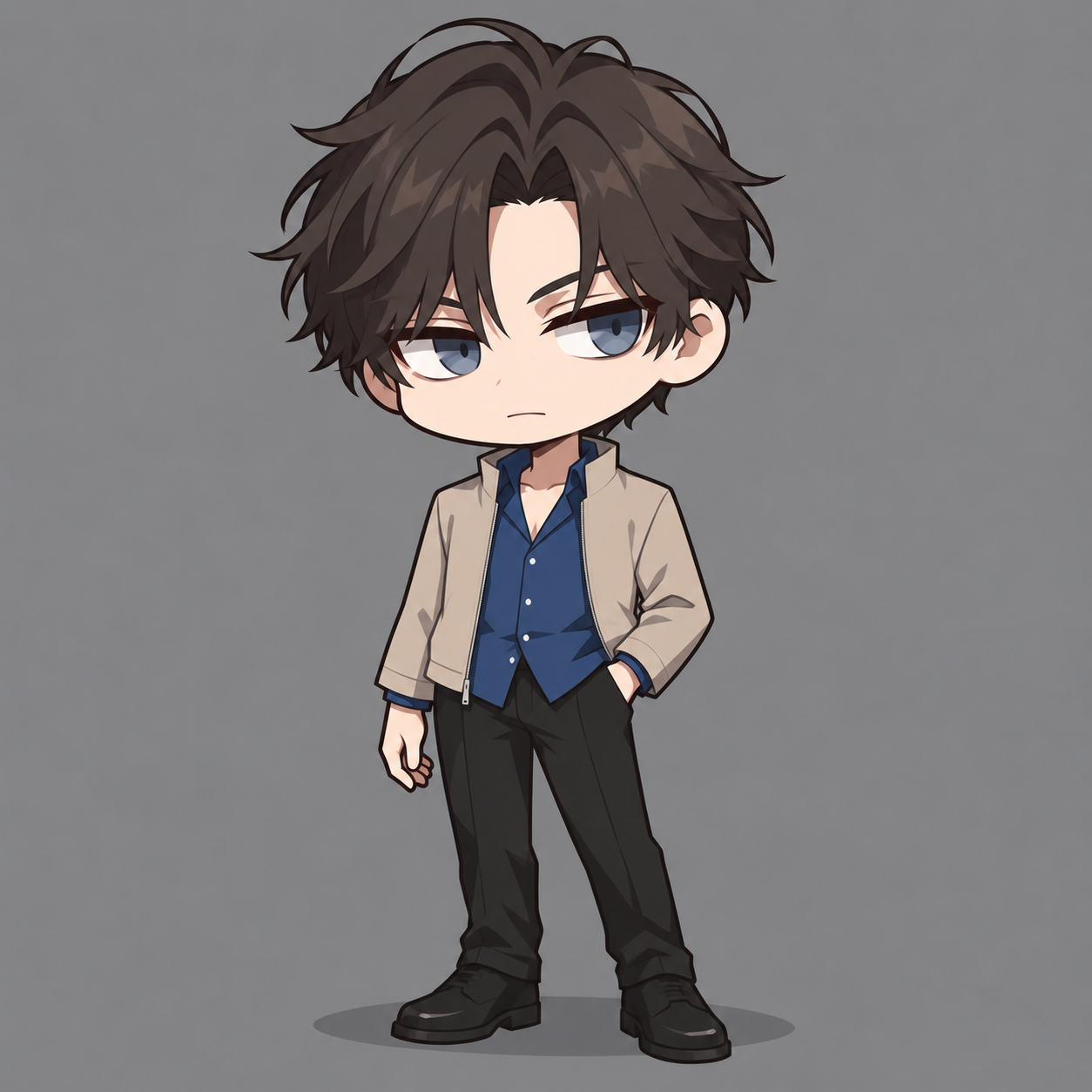 Simple chibi of Kyrien in Arc 1, with center-parted brown hair, subtly tired blue-grey eyes, a pocketless beige stand-collar jacket, blue shirt and black trousers.