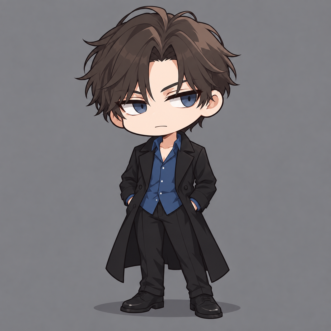 Kyrien chibi costume study with center-parted brown hair and subtly tired blue-grey eyes, standing with hands in the pockets of a long black coat over his blue shirt.