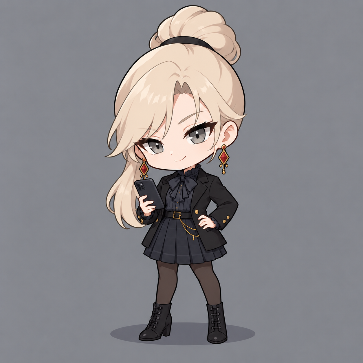 Simple chibi of Sherie with a pale-blonde bun, red earrings, dark bow blouse and skirt, ankle boots and a phone.